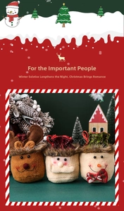 Detailed close-up of plush Christmas drawstring gift bags featuring Santa and Reindeer