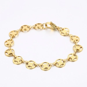 Stainless Steel Bracelet Geometric Hollow Round Coin Link Chain Jewelry For Women Summer Beach Casual Elegant Polished Finish