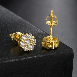 Hip Hop Style Copper Flower Stud Earrings Full Paved Zirconia For Women Personalized Gold Silver Plated Screw Back Earrings