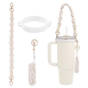Daisy woven cotton strap with silicone ring and lip balm holder for large tumblers