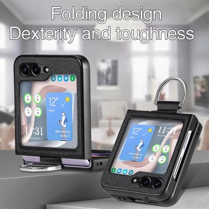 Detail view of black leather texture folding phone case with integrated metal ring holder