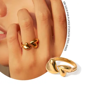 18K Gold Plated Stainless Steel Heart Open Ring For Women Minimalist Asymmetric Double Heart Adjustable Finger Ring Jewelry