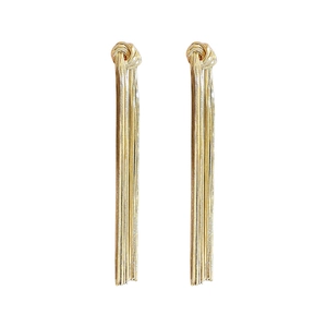 Elegant gold knot tassel earrings with long metal chains on a clean white background