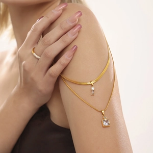 Gold-plated layered snake chain necklace with square zircon pendant and matching ring set