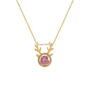 Elegant gold antler necklace with a round pink gemstone and zircon accents on white background