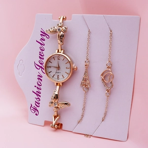 Luxury gold-tone women's quartz watch set including butterfly bracelets with heart and Eiffel charms