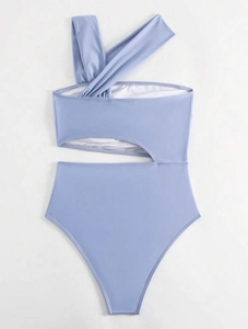 Detail of light blue one-shoulder swimsuit with waist cut-out and high-cut silhouette