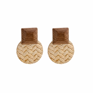 Handmade wooden square and round straw woven stud earrings in a natural retro forest style