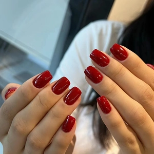 Press On Nails Short Square Oval Solid Dark Red Glossy Wine Red Full Cover Artificial Nail Tips For Women