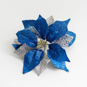 Glittery blue and silver artificial Christmas flower with gold bead center for tree decor