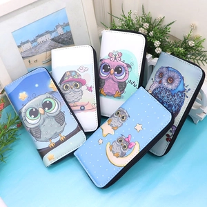 Cartoon owl print long zipper wallets for women in various colors made of PU leather
