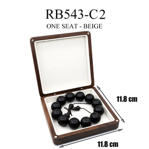Square solid wood jewelry storage box with black prayer beads and 11.8cm dimensions