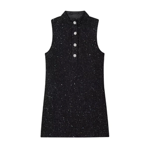 Schwarzes Pailletten Tweed Minikleid Ärmellos Stehkragen Bodycon Strassknöpfe Elegant Damen Party