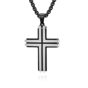 Two-tone layered stainless steel cross necklace with black chain in studio lighting