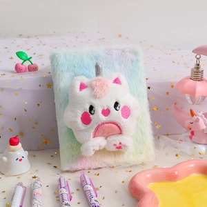 Detail of plush gradient notebook with 3D cartoon unicorn cat and dreamy star background