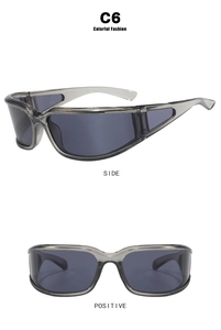 Y2K sporty wrap sunglasses in grey transparent frame with side and front view details