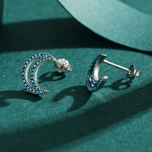 S925 sterling silver crescent moon stud earrings with inlaid turquoise stones