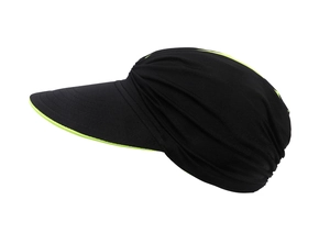 Detail of wide brim sun visor hat with yellow contrast trim and pleated fabric design