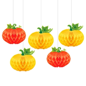 Five orange and yellow honeycomb paper pumpkin hanging decorations for autumn party