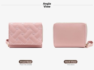Pink PU leather short wallet featuring heart embroidery and quilted stitching details