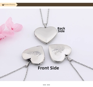 Polished stainless steel heart locket necklace with Love engraving and openable frame