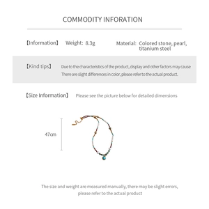 Detail specifications of turquoise pearl necklace in titanium steel with 47cm length