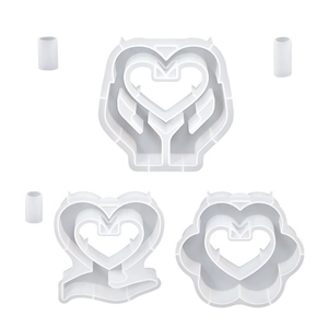 Three-piece heart-shaped resin silicone molds with cylindrical accessories for DIY crafts
