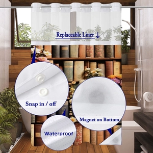 Detail of waterproof waffle weave shower curtain with built-in hooks and magnetic hem