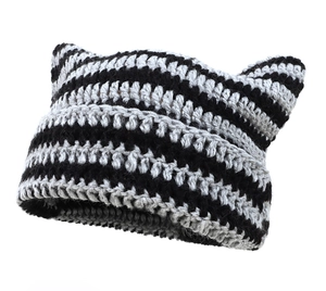 Close-up of the black and gray striped texture on this crochet cat ear beanie hat