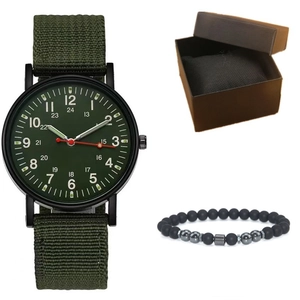 Close-up of men's military quartz watch with green canvas strap and matte bead bracelet