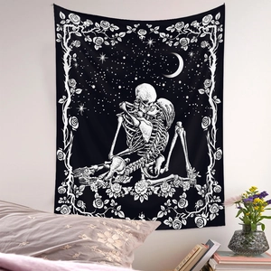 Gothic skull lovers tapestry with floral moon stars pattern for aesthetic wall decor