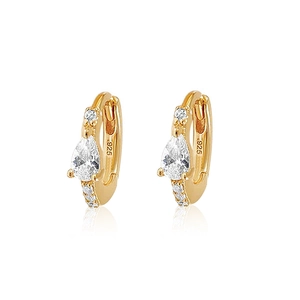 Detail of S925 sterling silver gold-plated hoop earrings with teardrop zirconia stone
