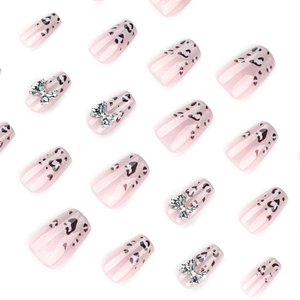 French leopard gradient short trapezoid press-on nails with 3D silver bows and cat eye shine