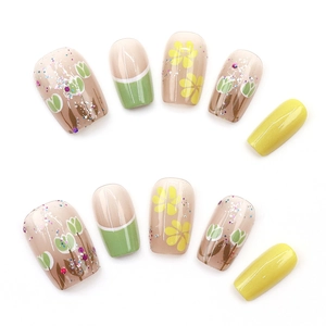 Press-on nail set with green butterfly, glitter tulip designs and floral art pattern