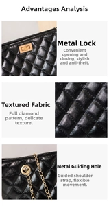 Detail of black quilted shoulder bag featuring gold hardware lock and chain texture