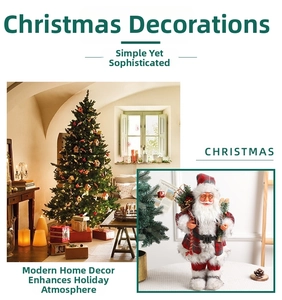 Close-up of Santa Claus doll in red plaid coat holding skis and a festive gift bag