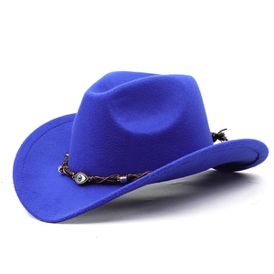 Royal blue Western cowboy felt hat with evil eye woven band shown in a 45-degree angle view