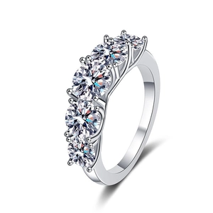 S925 Sterling Silver Ring with Five Round Moissanite Stones in a 45-degree angle view