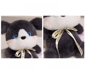 Close-up of plush husky doll with blue eyes and a branded Woody Friends ribbon bow