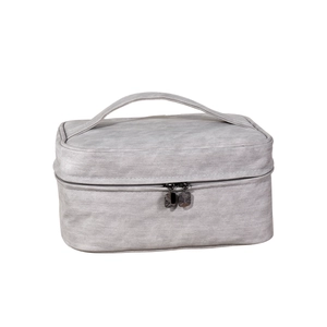 Light gray high-capacity PU leather toiletry bag with top handle and double zippers
