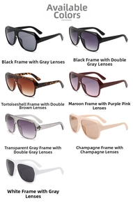 Flat lay view of seven oversized fashion sunglasses in various trendy colors and frame styles