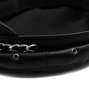 Minimalist black leather flat top navy cap with silver chain decoration and metal eyelets