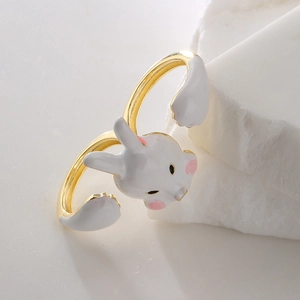 Creative 18K gold plated rabbit ring with white enamel and cute animal design