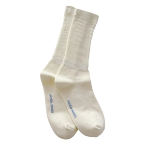 Off-white ribbed knit crew socks with blue letter print on clean white background