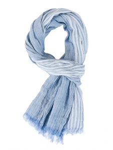 Detail of navy blue striped scarf with crinkled texture and decorative fringe ends