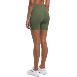 Detailed back view of high-waisted olive green yoga shorts with side white stripes