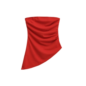 Slim fit red ruched tube top with an asymmetrical hem displayed on a white background