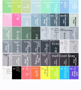 Detailed color chart of alcohol-based markers with color codes and professional gray scales