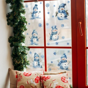 Watercolor Christmas snowman window stickers on glass for festive home wall decoration