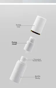 Disassembled view showing airless pump bottle components including cap, pump and body